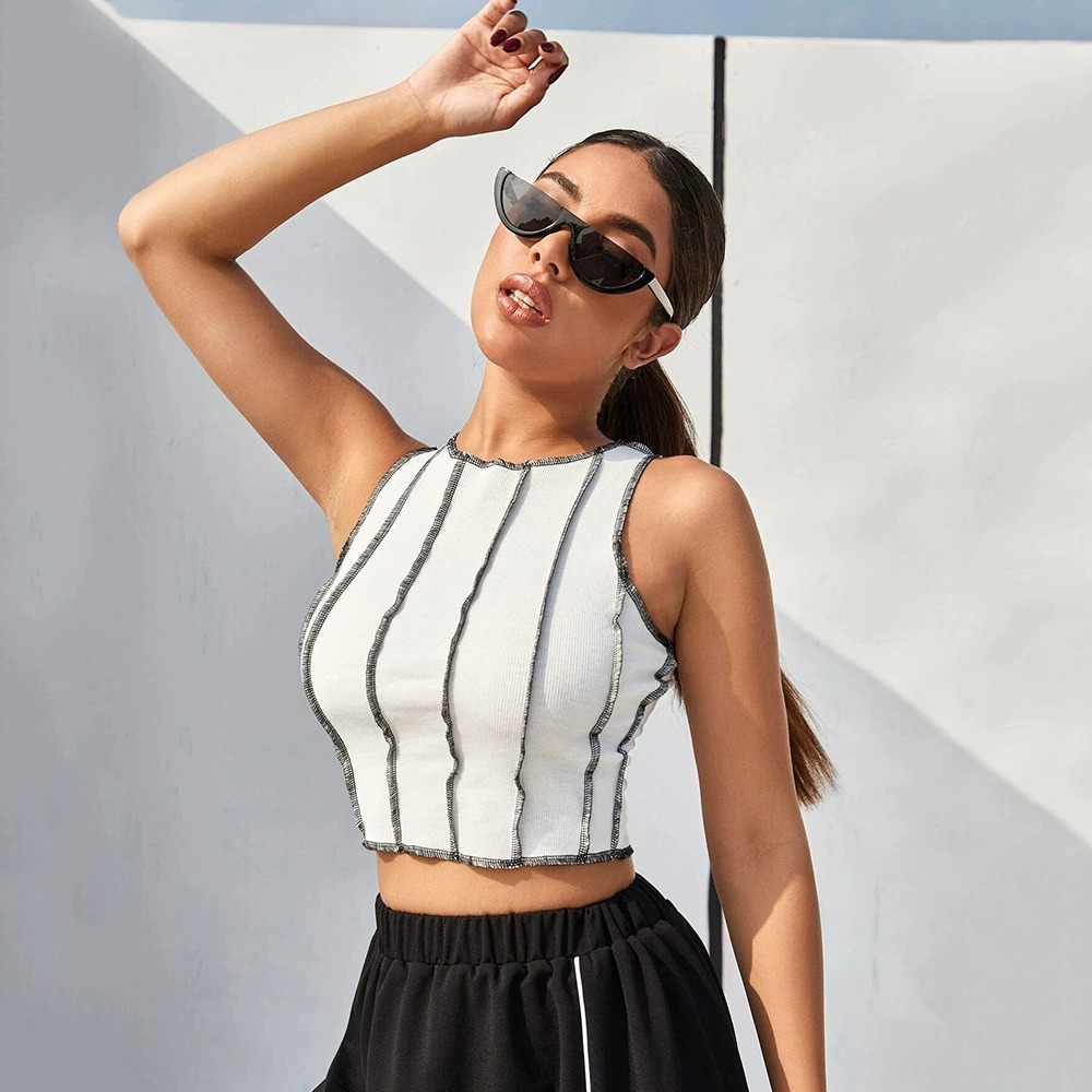 ZARA Women Contrast Stitching Round Neck Slim Short Tank Top